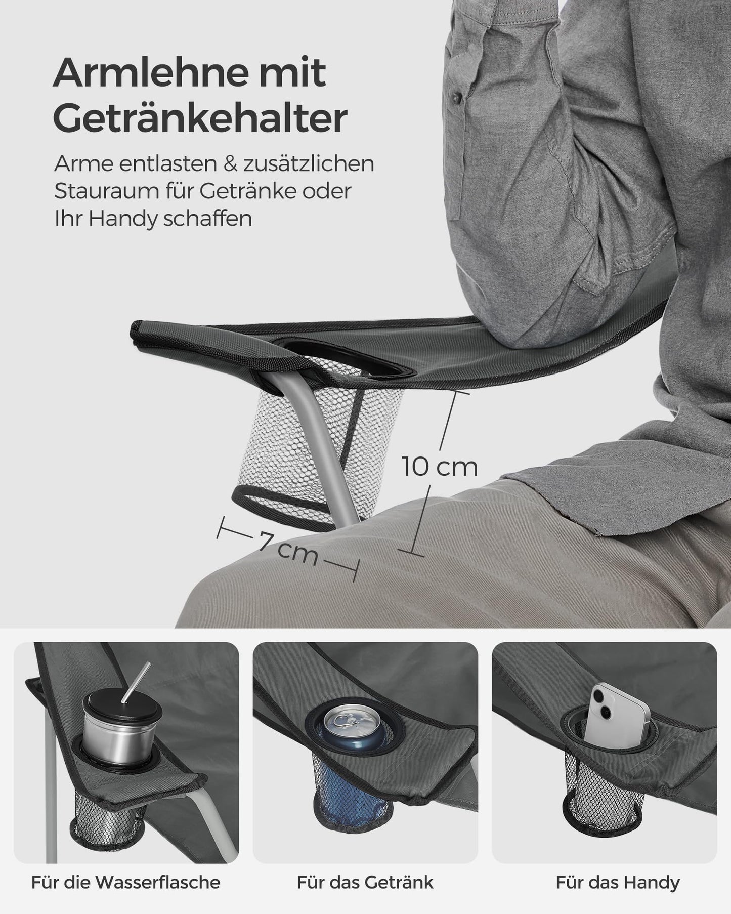 SONGMICS Camping Chair, Set of 2, Folding Chair for Outdoor, Fishing Chair with Armrests, Cup Holder, Portable, Foldable, Holds up to 120 kg, Camping, Garden, Beach, Patio, Slate Gray GCB001G11