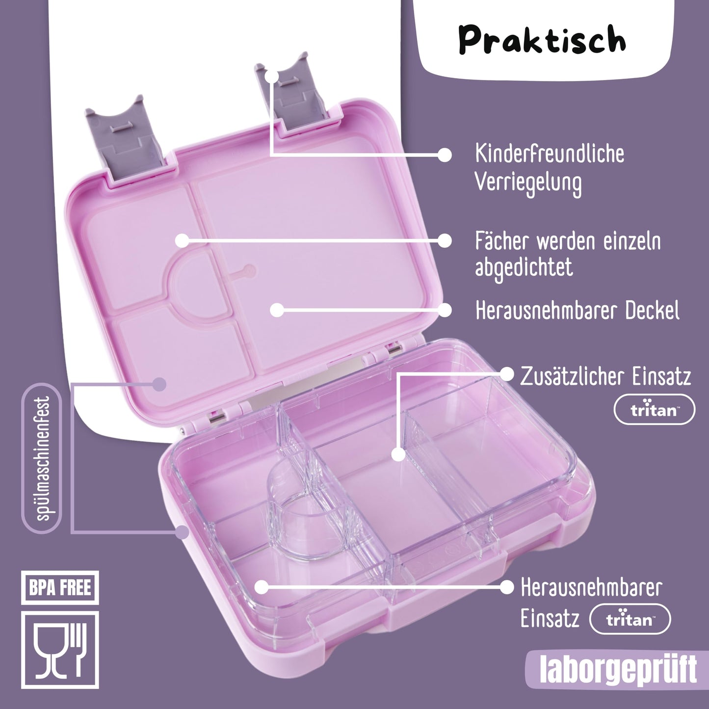 BEARFOOT Kids BPA-free lunchbox/bento box with compartments, for girls & boys, school & kindergarten (unicorn)