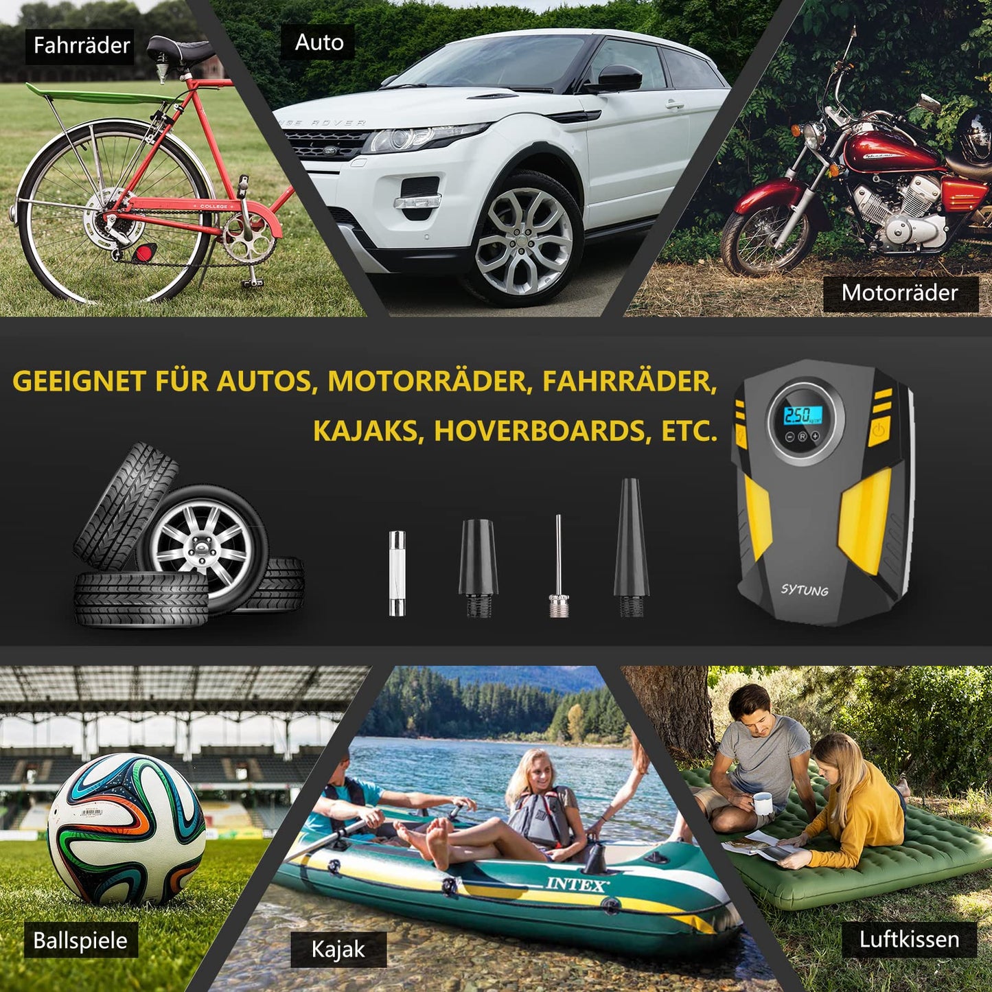 12v portable air compressor tire pump with 3 nozzle adapters and digital LED lights for car tires and other inflatable products.