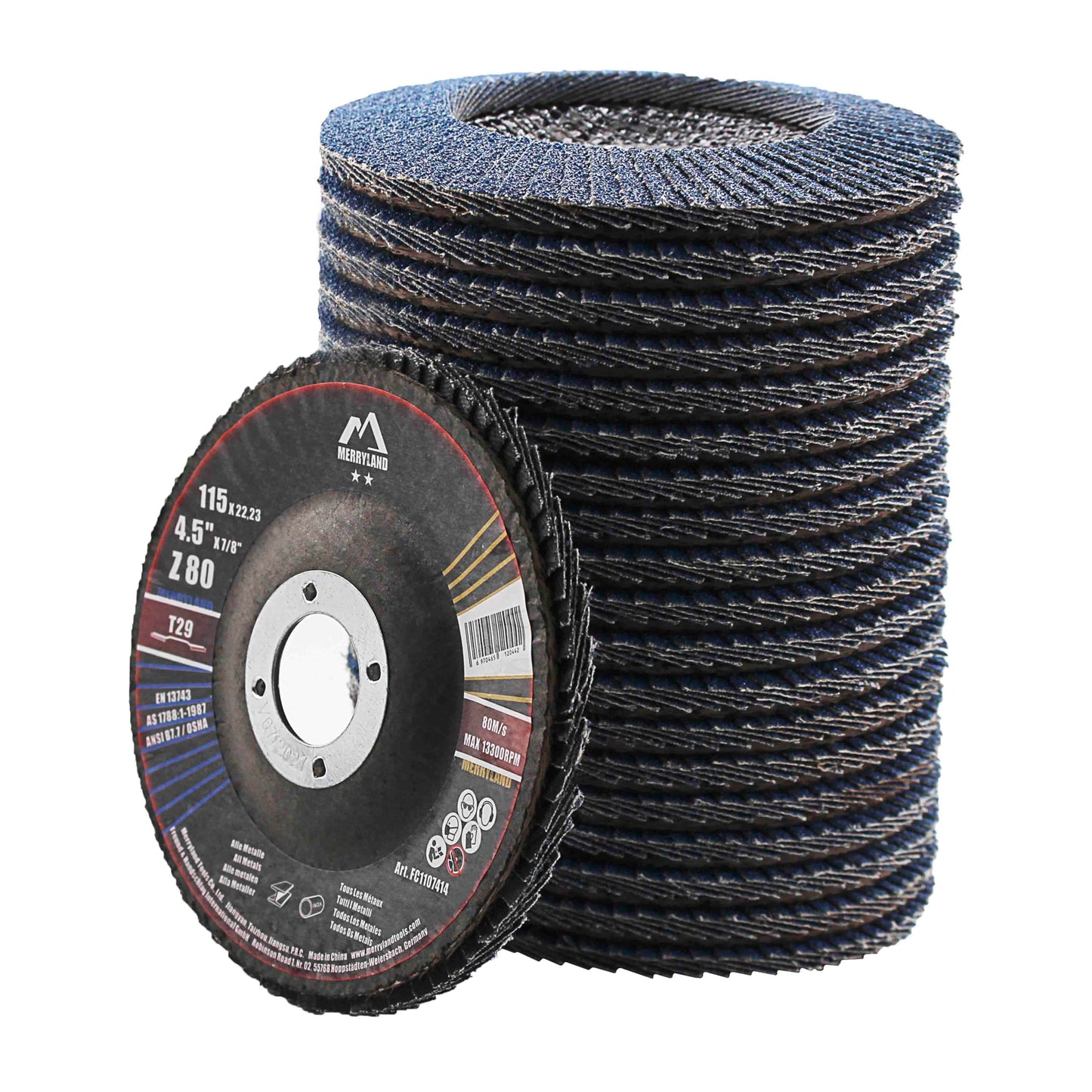 Merryland flap disc 115 steel stainless steel for angle grinder, 115mm 80G T29 flap disc zirconia corundum blue sanding disc 20 pieces, Craft-Line FC1107414-20