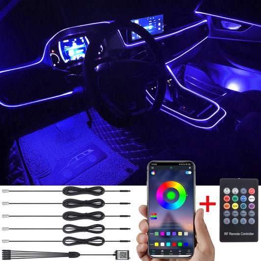TABEN Car Ambient Light RGB Remote Control + APP Control Decorative Lamp DIY Refit Flexible Glass Fiber Tube 64 Colors Interior Lighting Atmosphere Light 1W DC 12V 6m