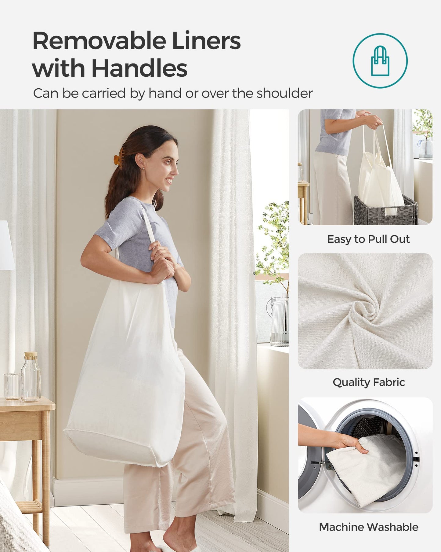 SONGMICS laundry hamper with lid, laundry collector 110 liters, 2 compartments, removable laundry bag with handles, hand-woven, for bedroom, bathroom, 33 x 57 x 60 cm, gray LCB252G01
