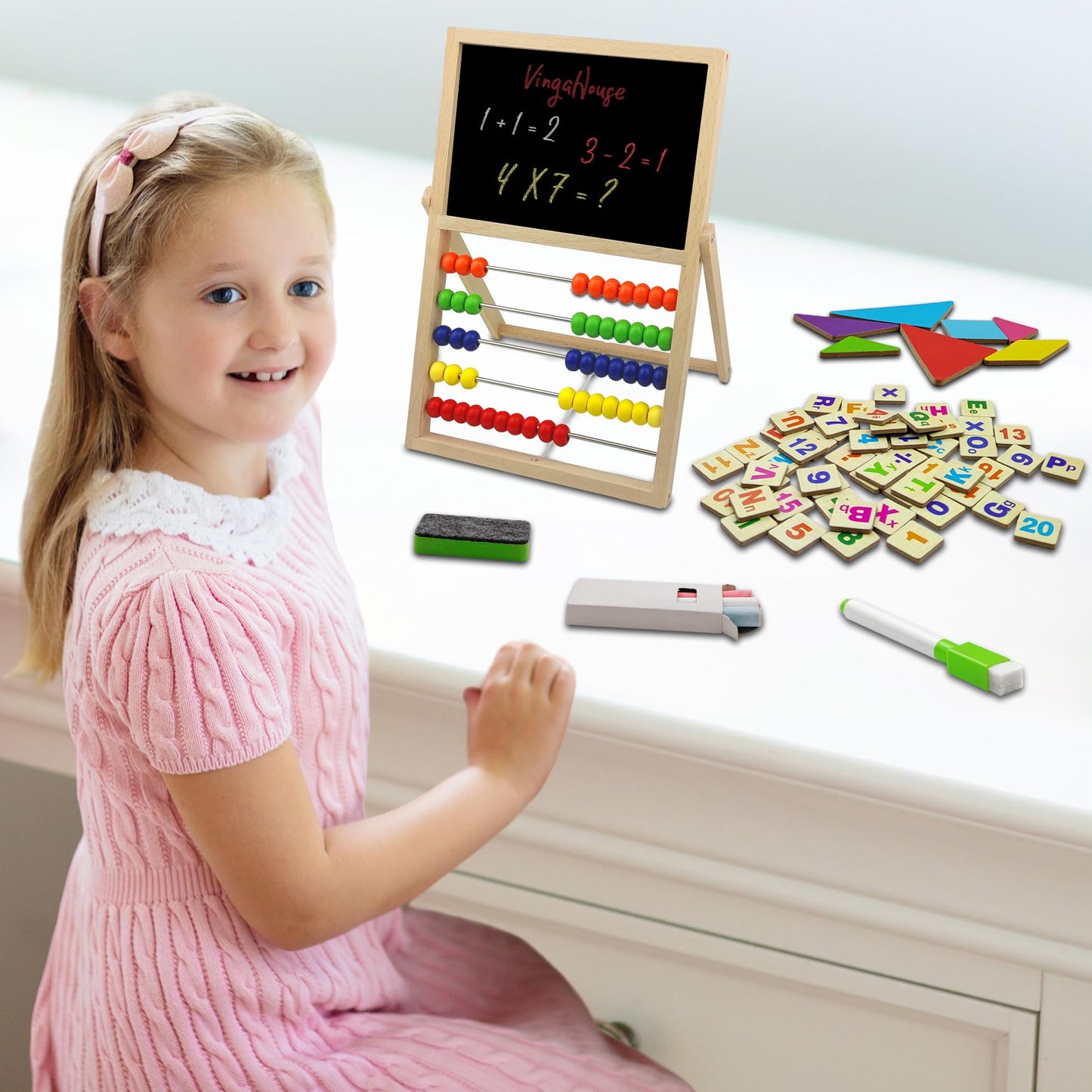 VingaHouse Primary School Calculator Abacus, Abacus Calculator Children Abacus Counting Frame with Chalkboard & Whiteboard with magnetic stickers, Abacus toys for children aged 3 and above