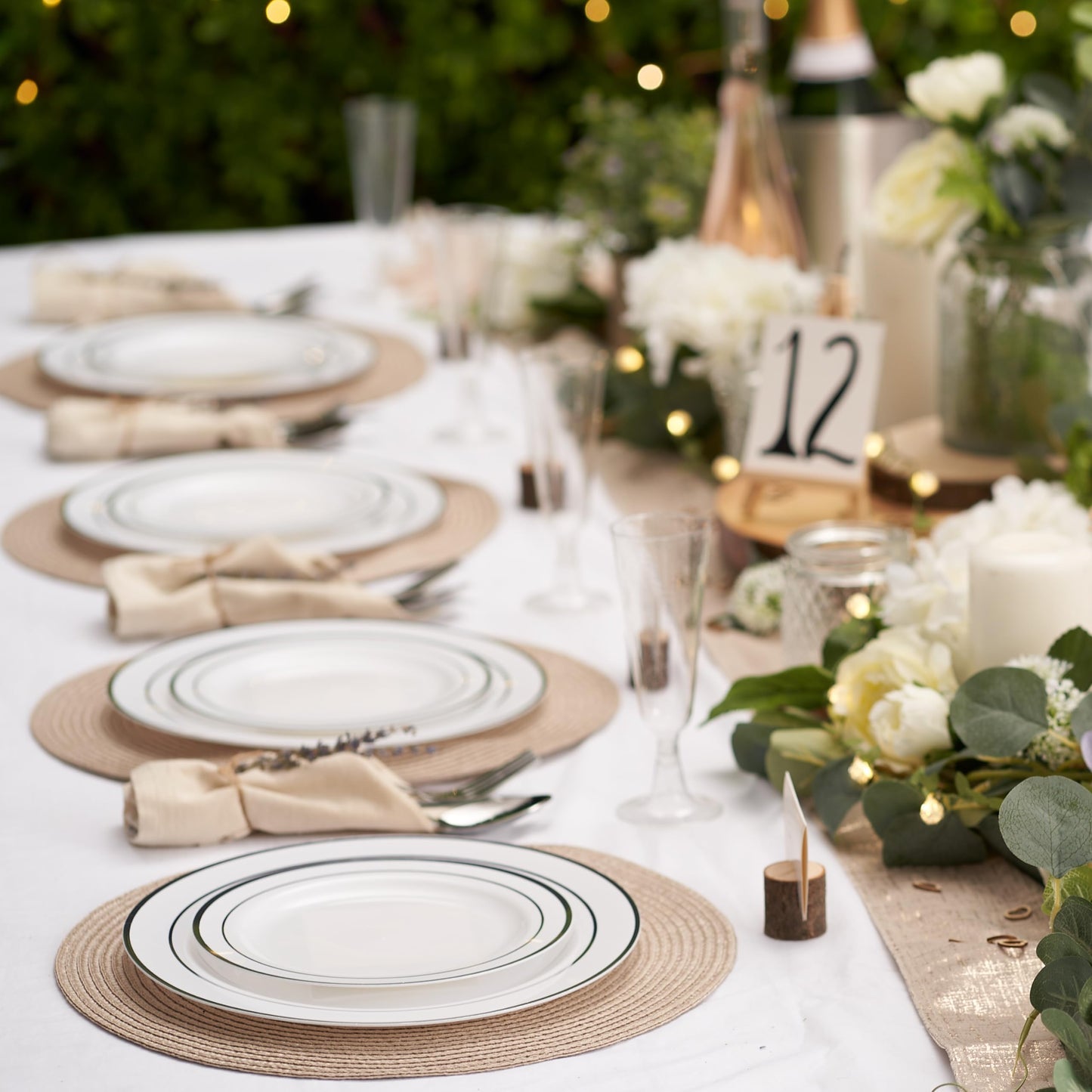 MATANA 120 Premium White Plastic Plates with Silver Rim, 2 Sizes - Unbreakable & Reusable Plastic Plates, Party Plates for Weddings, Birthdays, Parties - Elegant & Sturdy Party Tableware