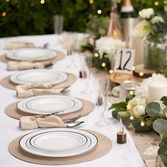 MATANA 120 Premium White Plastic Plates with Silver Rim, 2 Sizes - Unbreakable & Reusable Plastic Plates, Party Plates for Weddings, Birthdays, Parties - Elegant & Sturdy Party Tableware