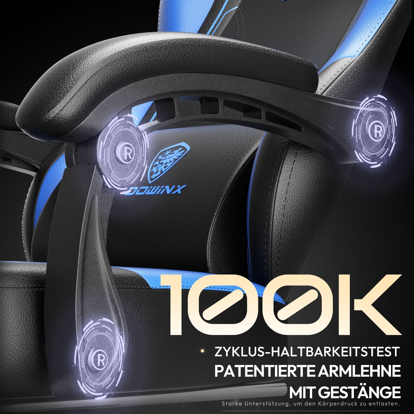 Dowinx Gaming Chair, Ergonomic Gamer Seat made of PU leather with lumbar support, massage function and wide backrest, up to 150 kg load capacity, Blue.
