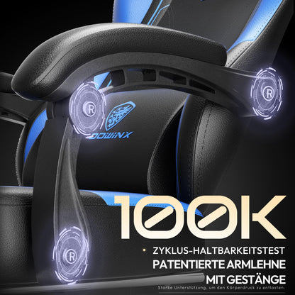 Dowinx Gaming Chair, Ergonomic Gamer Seat made of PU leather with lumbar support, massage function and wide backrest, up to 150 kg load capacity, Blue.
