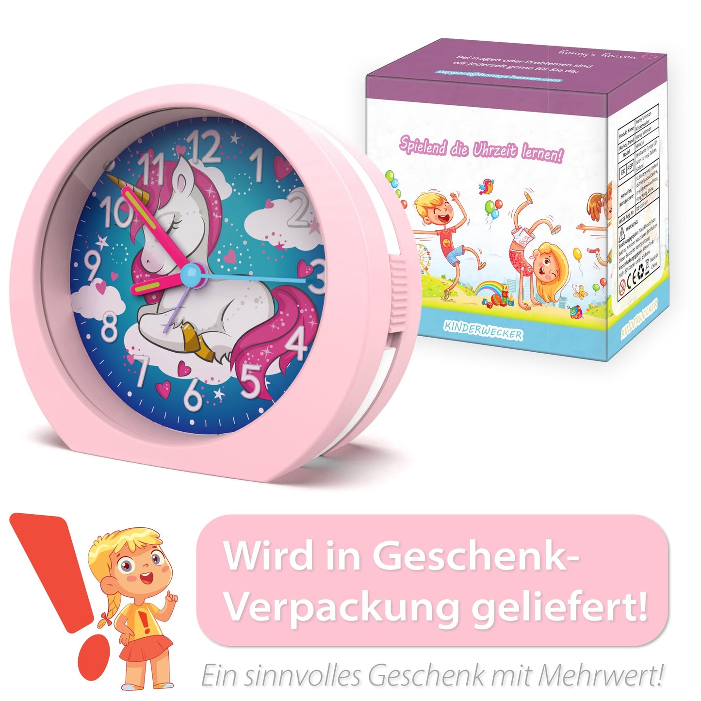 Honey's Heaven kids alarm clock without ticking noise - for boys and girls - learning clock alarm clock children's clock quartz alarm clock snooze analog quartz clock (unicorn pink)
