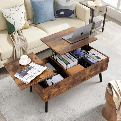 VOWNER Coffee Table, Adjustable Height Coffee Table, Extendable, Retractable Living Room Table, Separate Hidden Storage Compartment, Double Lift Top, Side End Table, Vintage Brown