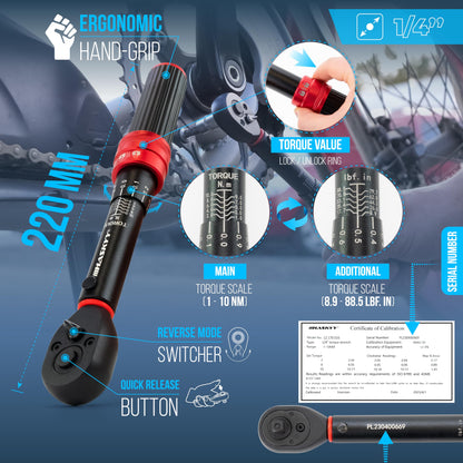 HASKYY Torque wrench 1/4 inch 1-10Nm Precision Bike E-Bike Motor Industry Micro Torque Ratchet Key ISO-calibrated in 0.1 steps
