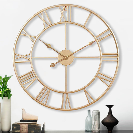 Large vintage-style wall clock, round, silent, gold. Includes ONE extra set of black clock hands. The metal clock is perfect for loft, living room, bedroom, and kitchen decor (black). (Gold, 60 cm)