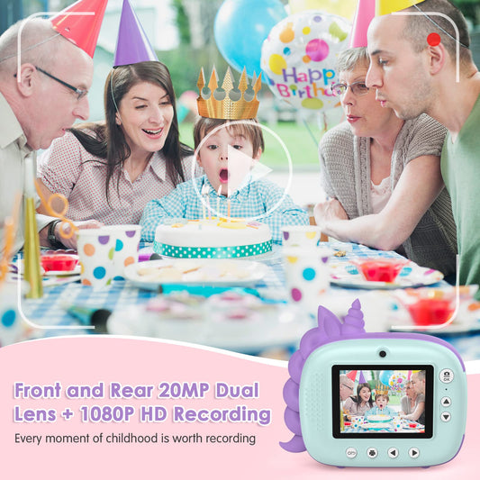 HiMont Kids Camera Instant Camera, Digital Camera for Kids with printing paper & 32G TF Card, Video Camera with colored pens & fun accessories, Gift for Kids aged 3-14 (Green)