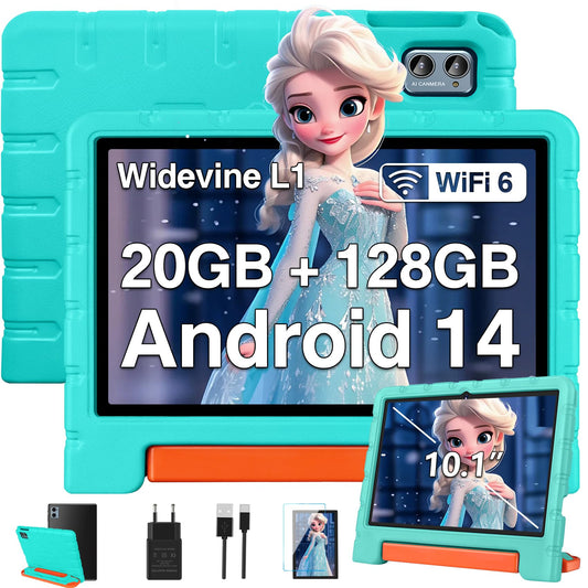ZIOVO Kids Tablet 10-inch Android 14 with 20GB RAM + 128GB ROM (TF 1TB), WiFi 6, Octa-Core, Widevine L1, Parental Control, 6000mAh, BT 5.0, GMS Certified Kids Tablet with Eva Case - Green
