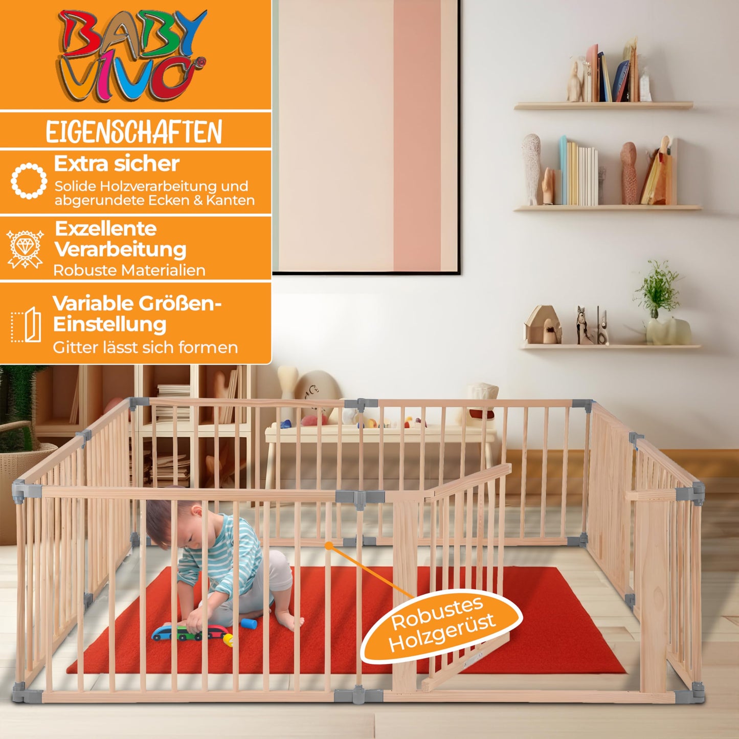 Baby Vivo XXL Playpen Play Yard Baby Safety Gate Crawling Fence Wooden with Door - adjustable - 8 elements PREMIUM Gray