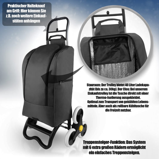 BigDean shopping trolley with stair climbing function, cooler compartment & 6 large wheels - 40L foldable black - shopping cart shopping roller cooler bag shopping bag stair climber