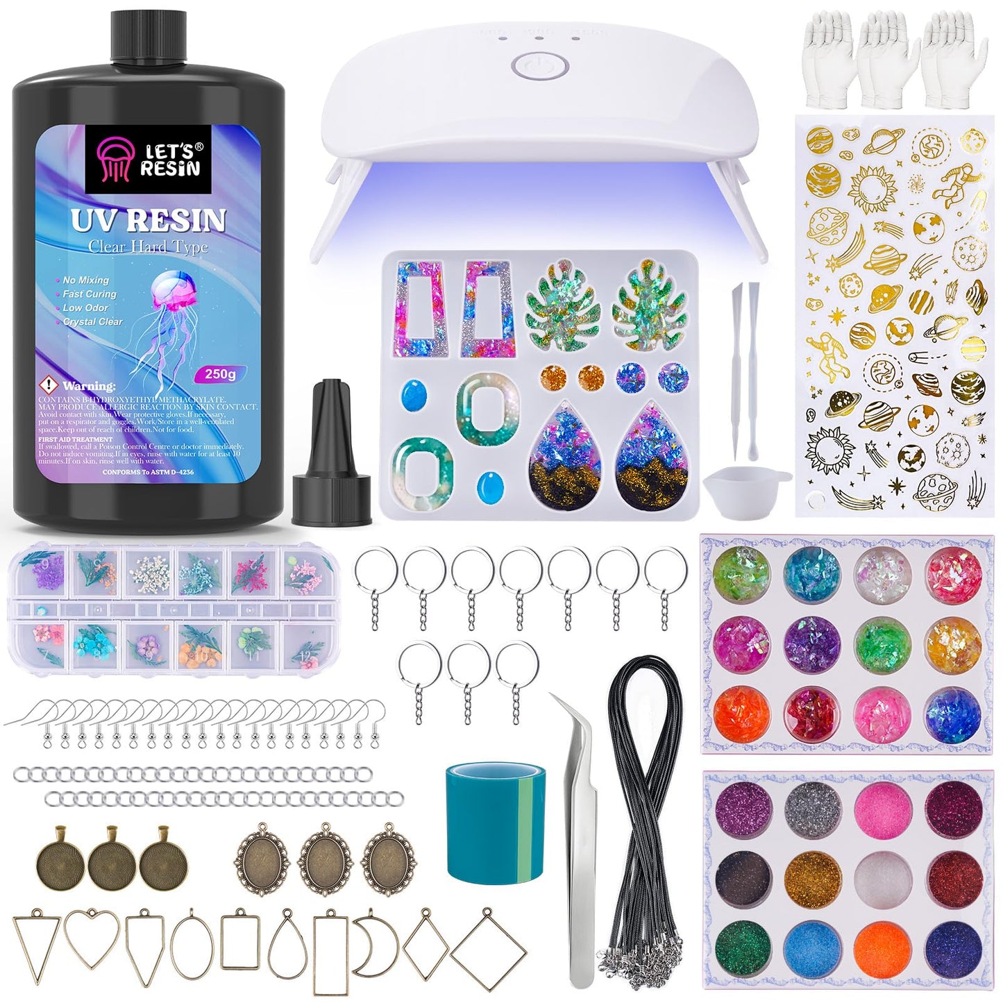 LET'S RESIN UV Resin Set with UV Lamp, 153Pcs UV Glue with Lamp Set, UV Resin Set for keychains, jewelry