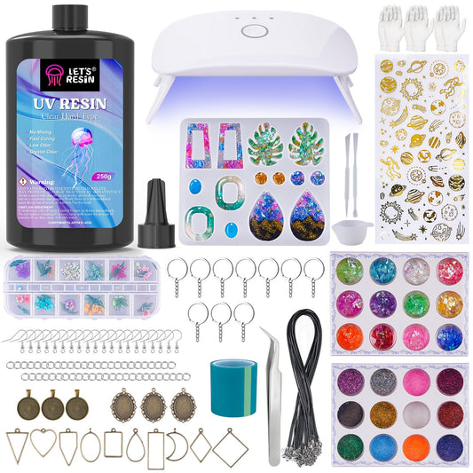 LET'S RESIN UV Resin Set with UV Lamp, 153Pcs UV Glue with Lamp Set, UV Resin Set for keychains, jewelry