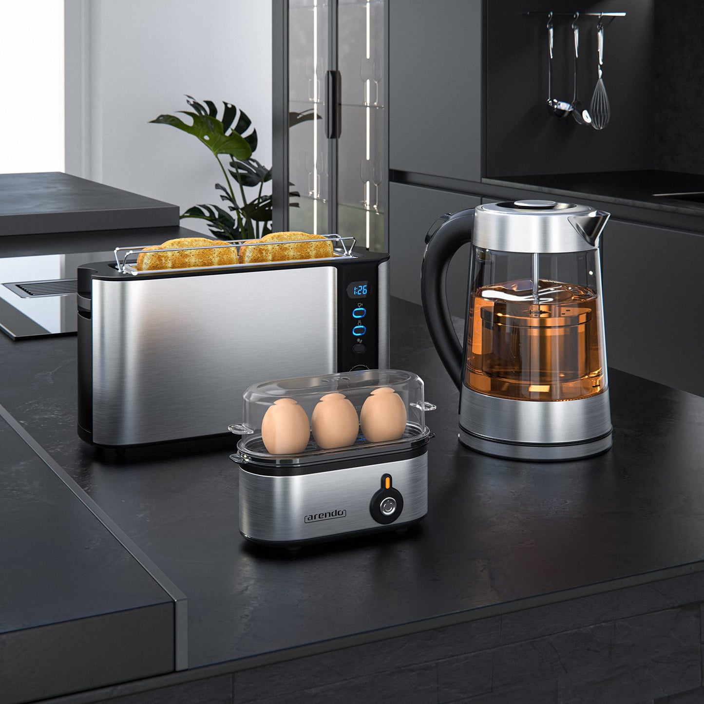 Arendo - Kettle with Toaster SET, Stainless Steel Glass Kettle with Tea Infuser + Temperature Control 1.7 L - Stainless Steel 2 Slice Long Slot Toaster Stainless Steel Egg Cooker for 1-3 Eggs