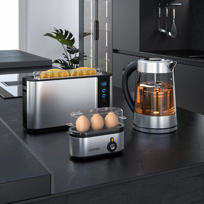 Arendo - Kettle with Toaster SET, Stainless Steel Glass Kettle with Tea Infuser + Temperature Control 1.7 L - Stainless Steel 2 Slice Long Slot Toaster Stainless Steel Egg Cooker for 1-3 Eggs