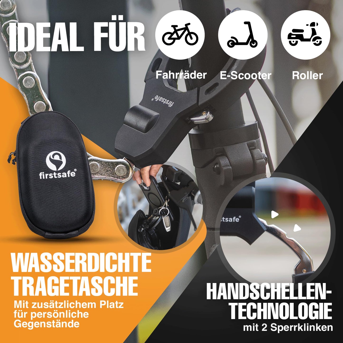 firstsafe® E scooter lock | handcuff lock for the E scooter | cut-resistant & with silicone | ideal scooter lock (56 cm with bag)