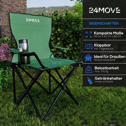 24MOVE® folding chair green camping chair with drink holder - foldable fishing chair - folding garden chair lounge chair camping chair, polyester, for outdoors or indoors