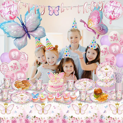 Butterfly party tableware set for birthday - decorations, balloons, paper plates, tablecloth for girls' party decoration - 16 guests