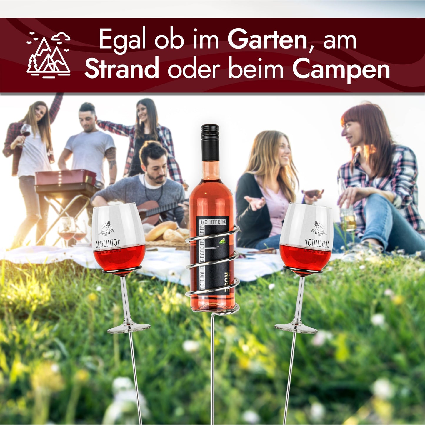 FROM STEINEICH® Original Wine Stand [Starter Set] Stainless Steel Bottle and Glass Holder | Wine enjoyment everywhere | The gadget for picnics at the beach, in the garden, and while camping (Starter Set)