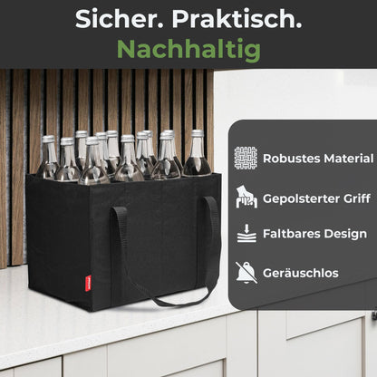 Achilles bottle holder with 12 compartments for 1.5 liters each. Tear-resistant bottle carrier with Velcro fastening. Foldable with dividers for water bottles, wine, and beer. Black.