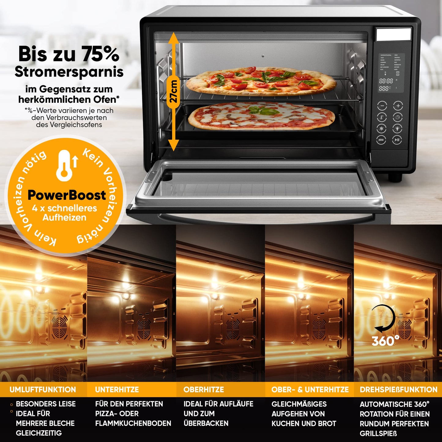 Stillstern Mini Oven with convection (35L) DE Version, Pizza Ø28cm, NEW: CYCLONE PRO+ (non-stick coating), 13 programs, defrosting & keeping warm, 8h timer, recipe book, Mini Oven Pizza Oven Grill