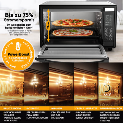 Stillstern Mini Oven with convection (35L) DE Version, Pizza Ø28cm, NEW: CYCLONE PRO+ (non-stick coating), 13 programs, defrosting & keeping warm, 8h timer, recipe book, Mini Oven Pizza Oven Grill