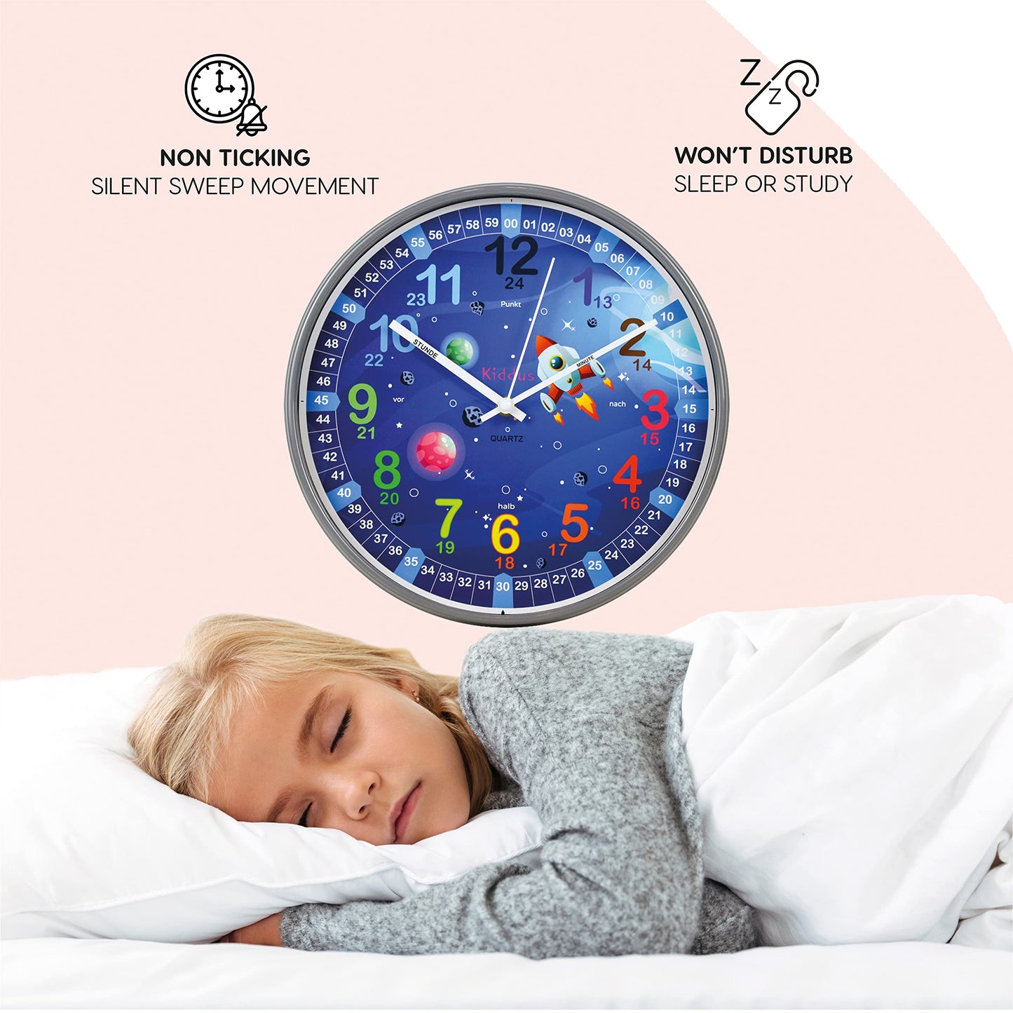 Kiddus Kids Wall Clock, Boys and Girls, Analog Learning Clock with Time Learning Exercises, Kids Clock No Ticking, Children's Room Silent, School, Clock hands English