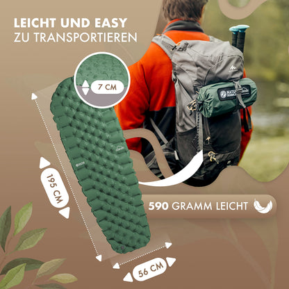 NATURBUMMLER® Ultralight Sleeping Pad [Cloud Nap+] Inflatable Air Mattress for Camping (195x56cm) – weatherproof & foldable – for Trekking Hiking Festival Travel (Nature Green)