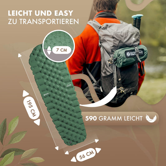 NATURBUMMLER® Ultralight Sleeping Pad [Cloud Nap+] Inflatable Air Mattress for Camping (195x56cm) – weatherproof & foldable – for Trekking Hiking Festival Travel (Nature Green)