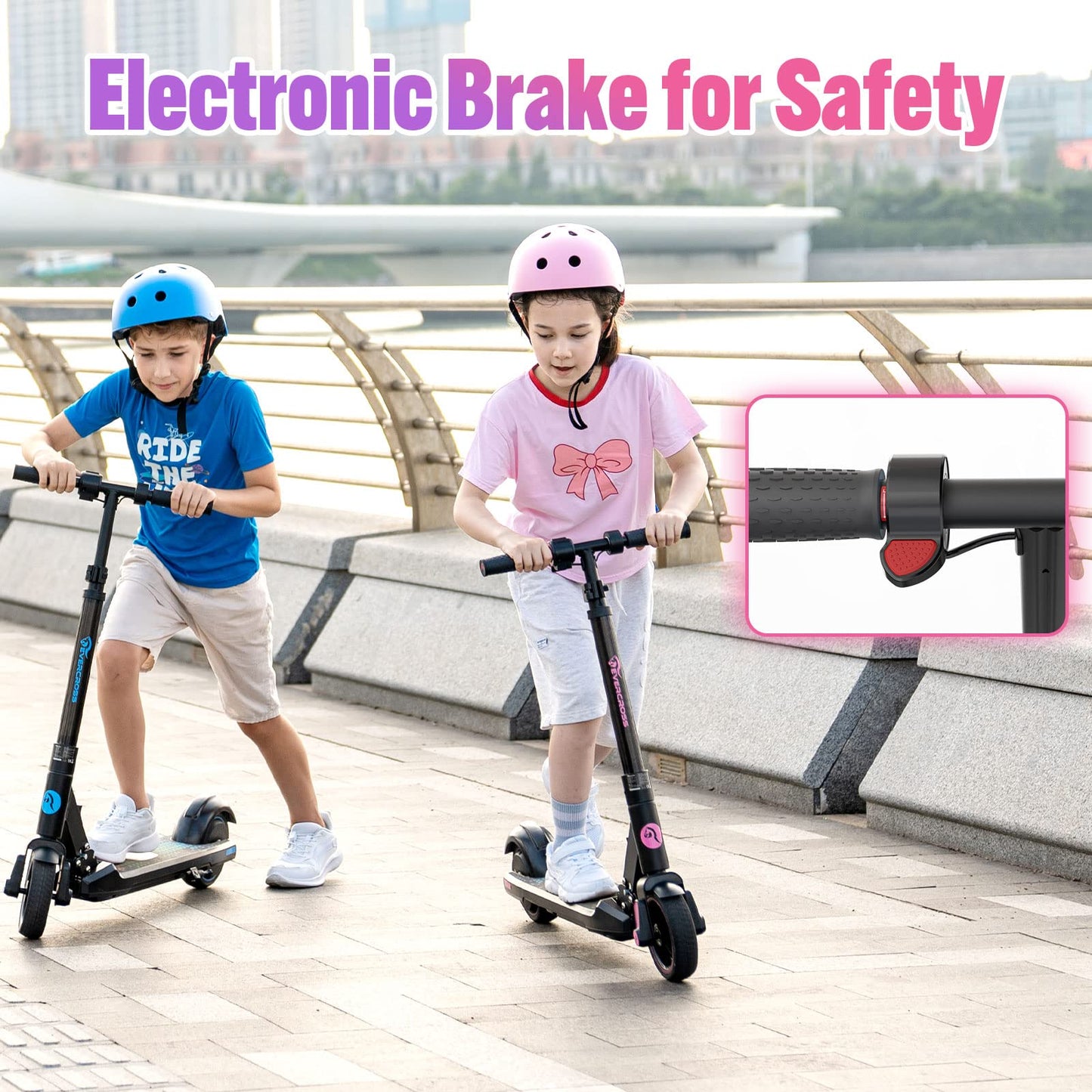 EVERCROSS EV06C electric scooter, 6.5'' Foldable E scooter for kids 6-12 years old, up to 15 km/h & 8 km range, LED display, colorful lights, lightweight electric scooter for kids (Blue + Pink)