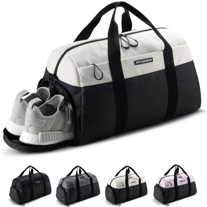 Fitgriff® sports bag & travel bag V2 for women and men - with shoe compartment & wet compartment - bag for sports, fitness, travel - training bag, gym bag, (Black/Cream White, Small)