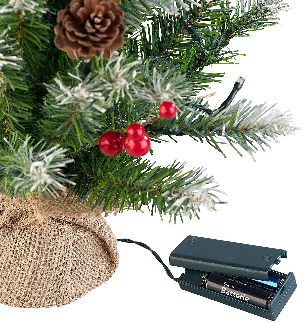 British Fir Tree Decoration: Decorative Christmas tree with 30 LEDs, pine cones, and yew berries, 60 cm (small Christmas tree, small fir trees, wireless Christmas tree lighting)