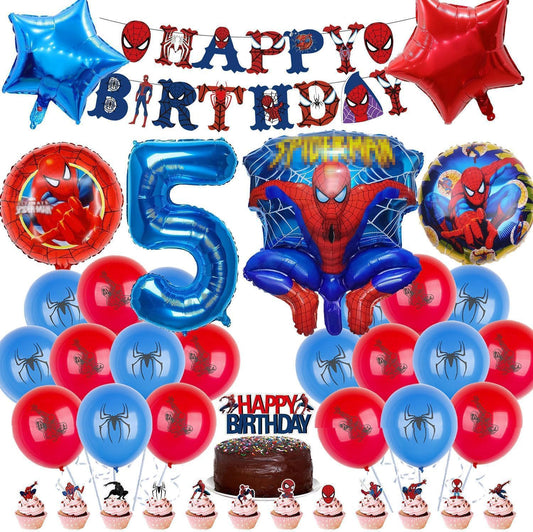 Spiderman birthday party decorations, 30 helium balloons for birthday, featuring huge 3D Spiderman hero balloons and number balloons, birthday decor for 5-year-old kids.