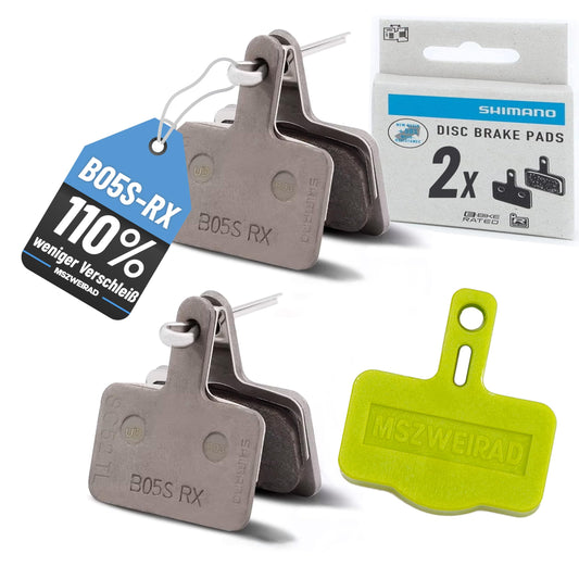 2X Shimano B05S-RX brake pads resin blister packaging incl. MSZweirad Bleed Block successor to B01S B03S.