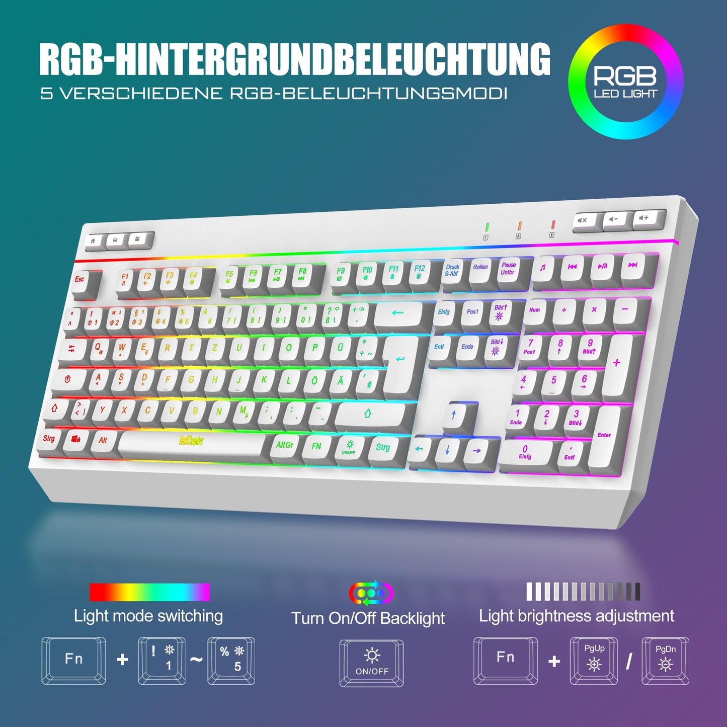 RedThunder K20 Wireless Gaming Keyboard and Mouse Set, QWERTZ DE Layout, RGB Backlight + Multimedia Function Keys, 4800 DPI Wireless Mouse for PC Mac Laptop (White)