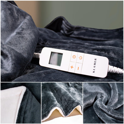 KLAMER electric heated blanket with automatic shut-off, 180x130 cm, washable, 10 temperature levels, suitable for bed, sofa, and office, dark grey.