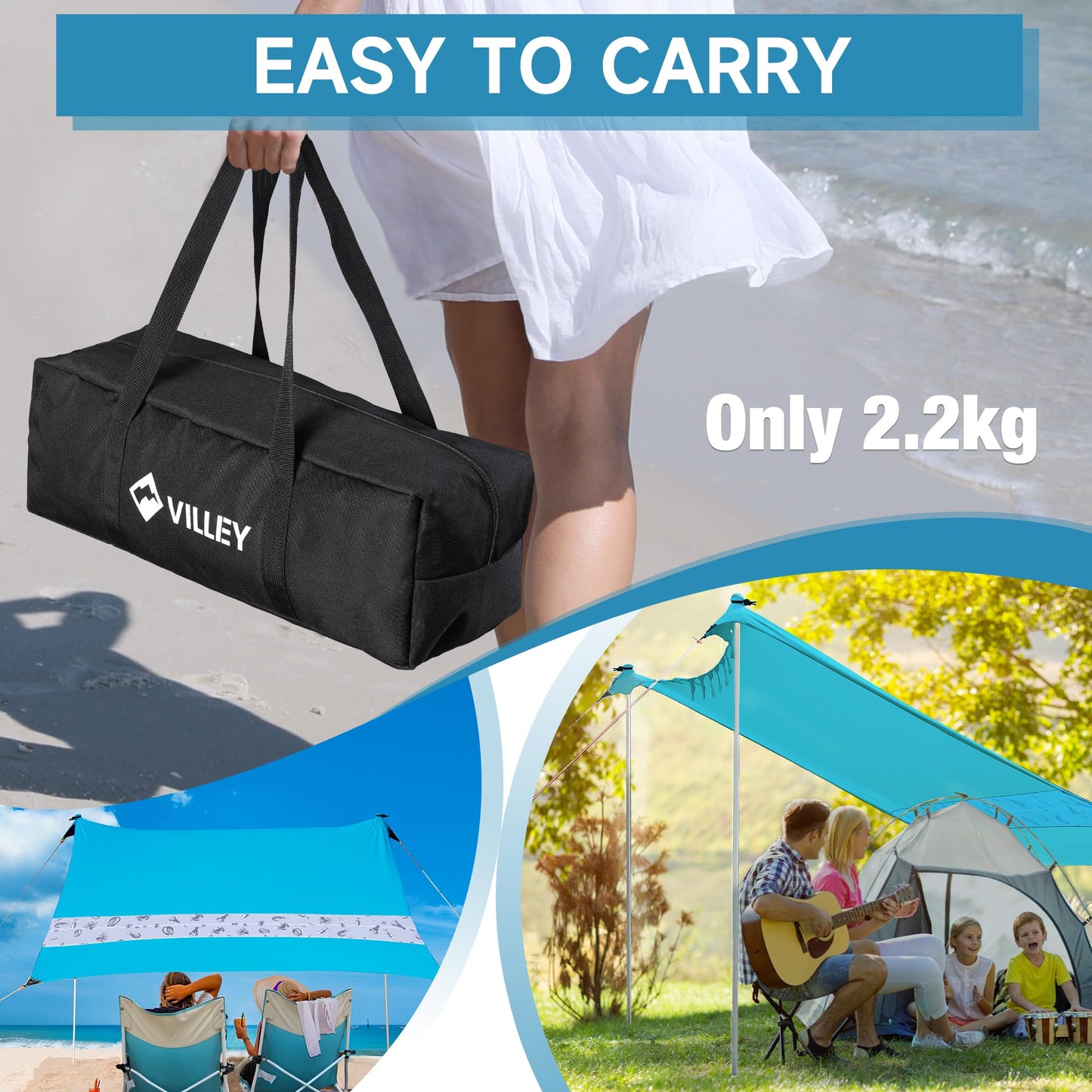 VILLEY sun tent 2m x 2.4m Blue, UPF50+ UV protection Lycra beach tent for 3 people, beach umbrella with sandbag and 2 support poles for picnic, fishing, sun protection.