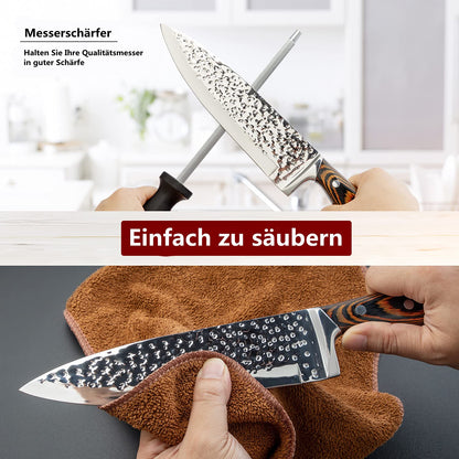 HOBO knife set, 15-piece knife block set, kitchen knife set with Santoku knife, chef's knife, bread knife, paring knife, steak knife, sharpener, Japanese stainless steel blades, water ripple texture, colored wooden handle.