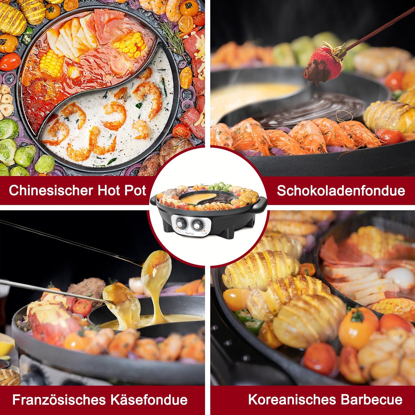 Food Party Hot Pot and Tabletop Electric Grill 220V 2200W 2 in 1 Electric Hot Pot Indoor Korean BBQ Grill Thai Barbecue Fondue Raclette XXL for 8 People