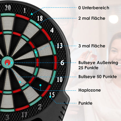 Electronic dartboard, E-Dart board with 4 LCD displays and charging adapter. Suitable for 6 darts and 24 dart heads. 27 games with 243 game options. Professional electronic dart game.