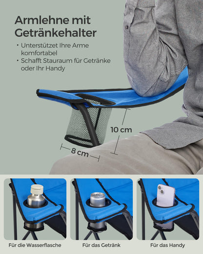 SONGMICS Beach Chair, Camping Chair, Folding Chair with Drink Holder, Foam Padding, Foldable, Supports up to 250 kg, Outdoor Chair, Blue-Black GCB06BU