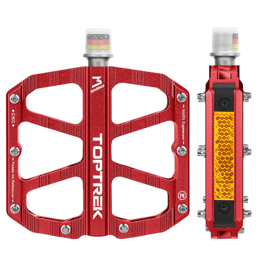 Toptrek bike pedals red with StVZO approved reflectors, CNC aluminum pedals bike MTB pedals non-slip with 3 sealed bearings for mountain bike, BMX, e-bike, road bike