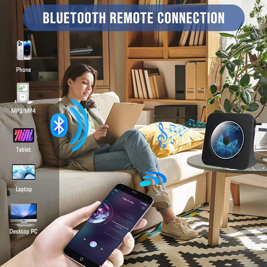 Bluetooth CD player desktop design, portable radio-CD player with dual speakers & timer, supports AUX/USB input, FM radio, headphone jack, Bluetooth transmission, K-pop music albums.