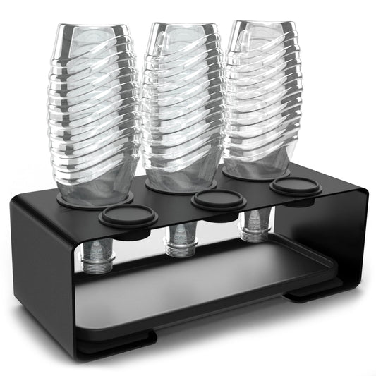 Panteer® bottle holder for SodaStream bottles - drip tray made of stainless steel with ceramic bowl including lid holder and 3M® silicone pads - for 3 SodaStream Crystal and more. (Black)