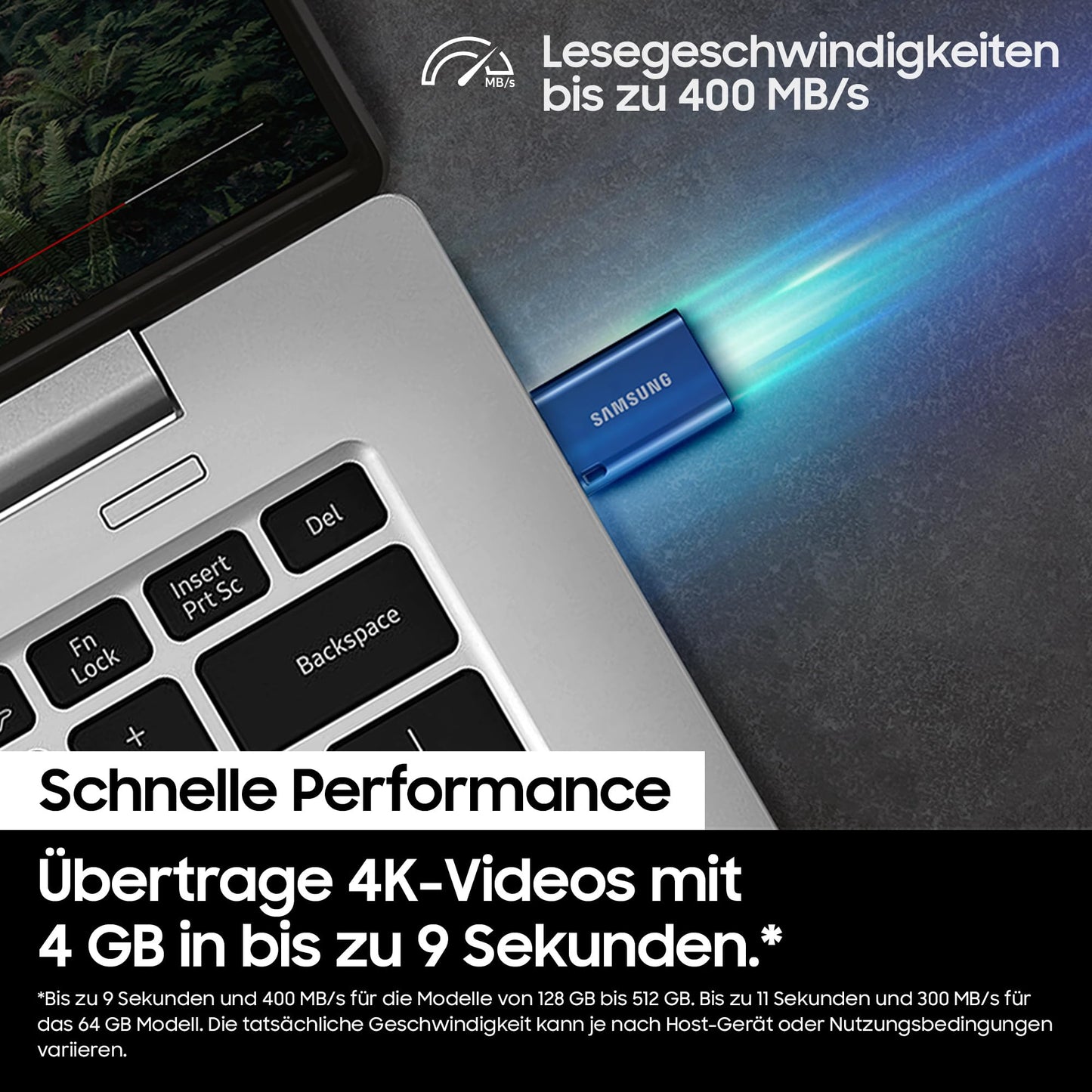 Samsung USB-C flash drive, 512GB capacity, with read speeds up to 400MB/s and write speeds up to 110MB/s. Compatible with notebooks, tablets, and smartphones. Color: Titan Gray. Model: MUF-512DA4/APC.