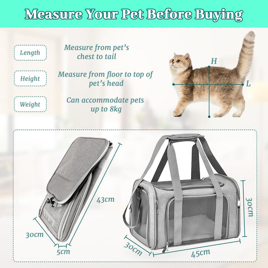 Sprifityy 45x30x30 cm Cat Carrier Bag, Pet Bag, Cat Carry Bag, Foldable and Breathable, 7kg Cat Transport Box, Medium Dog Transport Box, Cat Car, Train, Travel (Gray)